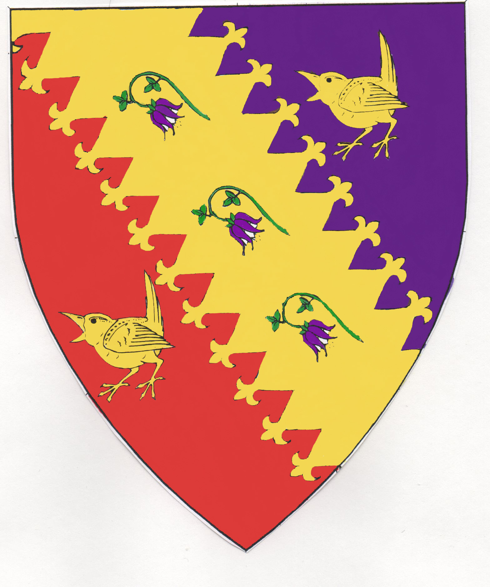 [Per bend purpure and gules, on a bend indented flory on the outer points between two wrens close Or, three columbines purpure, slipped and leaved vert	  ]